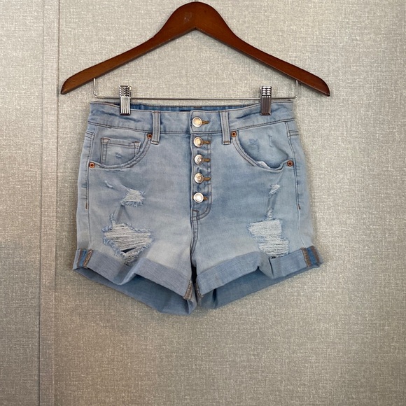 Aeropostale Denim Super High Rise Midi Button Fly Distressed Cut-off Jean Shorts - Picture 1 of 6
